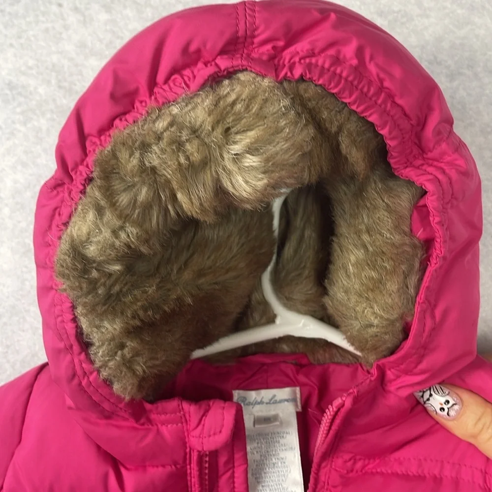 Ralph Lauren faux fur lined hood pink 6m down feather baby bunting